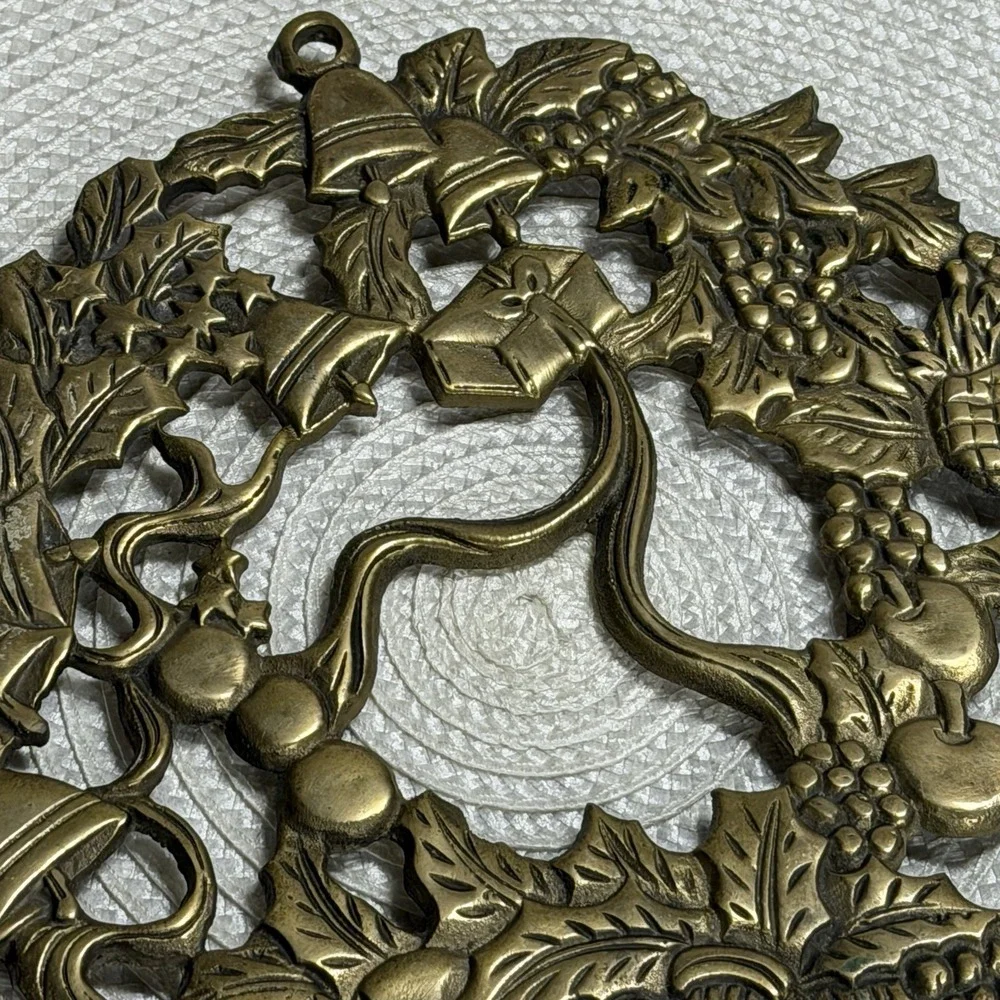 Vintage Brass Footed Christmas Themed Trivet Made‎ in Taiwan- Republic of China